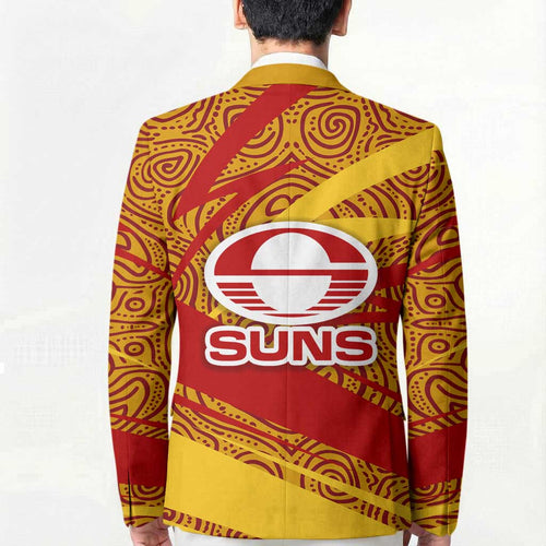 Gold Coast Suns Australian Football Blazer Sunny Hero Mascot With Indigenous Pattern Art