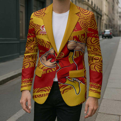 Gold Coast Suns Australian Football Blazer Sunny Hero Mascot With Indigenous Pattern Art