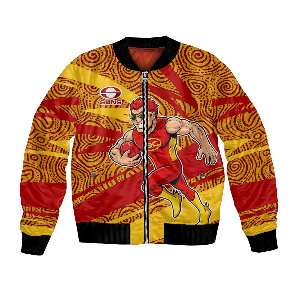 Gold Coast Suns Australian Football Bomber Jacket Sunny Hero Mascot With Indigenous Pattern Art