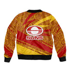 Gold Coast Suns Australian Football Bomber Jacket Sunny Hero Mascot With Indigenous Pattern Art