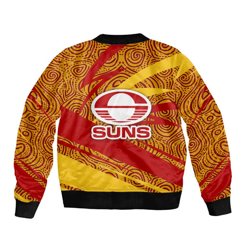 Gold Coast Suns Australian Football Bomber Jacket Sunny Hero Mascot With Indigenous Pattern Art