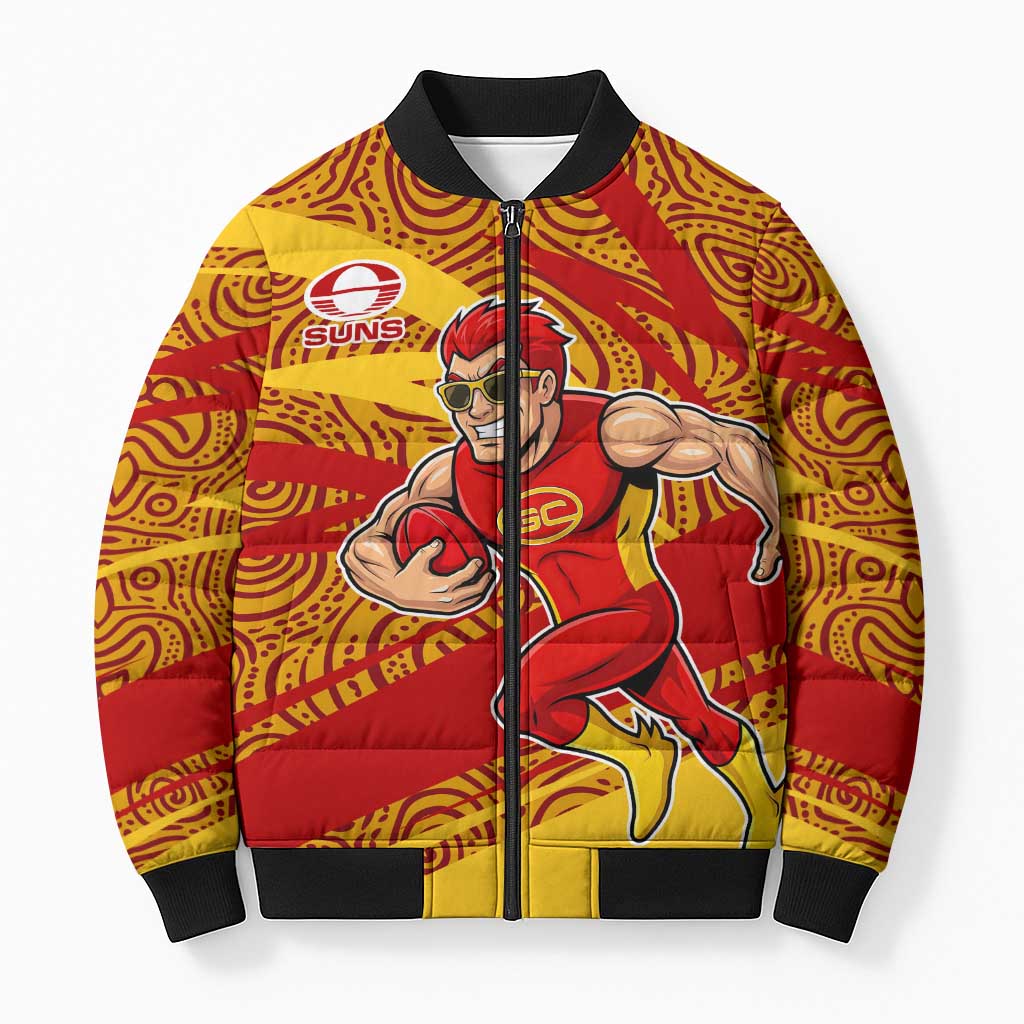 Gold Coast Suns Australian Football Bomber Puffer Jacket Sunny Hero Mascot With Indigenous Pattern Art