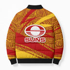 Gold Coast Suns Australian Football Bomber Puffer Jacket Sunny Hero Mascot With Indigenous Pattern Art
