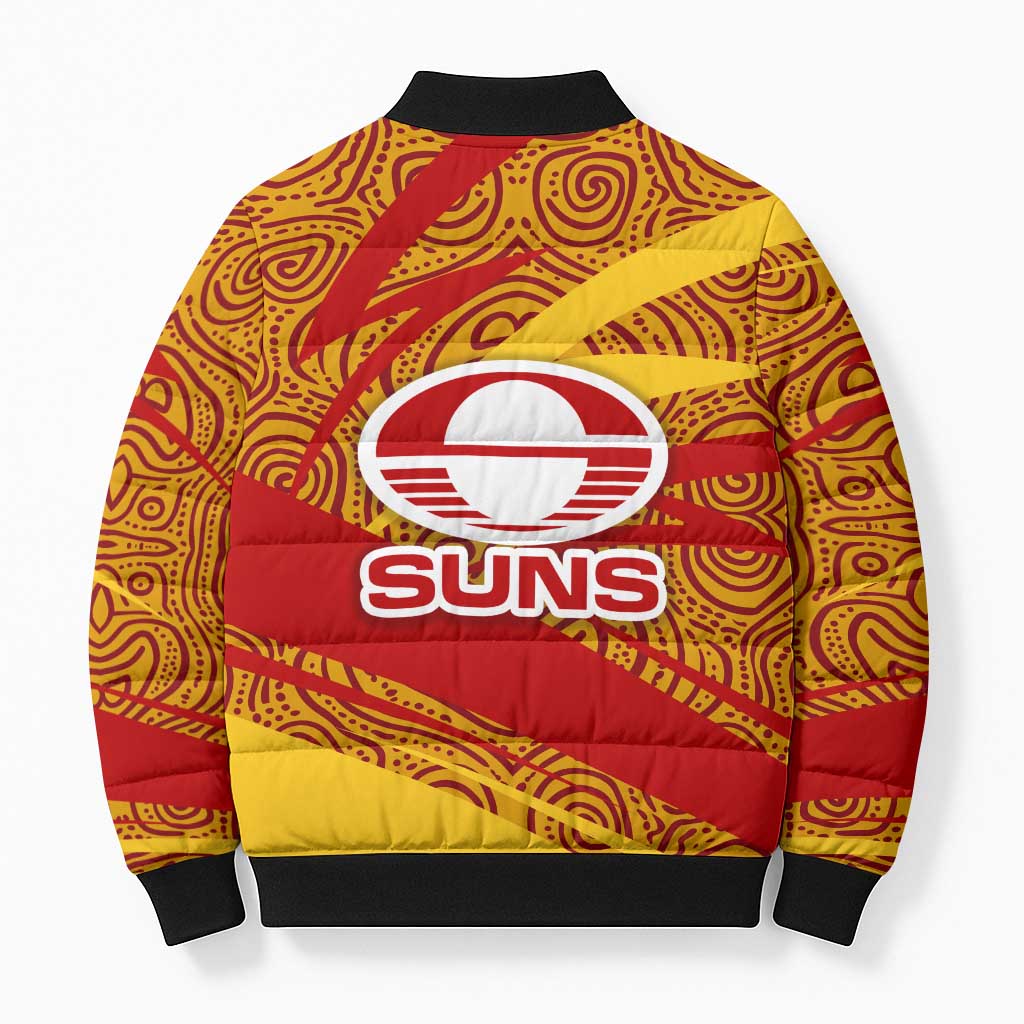 Gold Coast Suns Australian Football Bomber Puffer Jacket Sunny Hero Mascot With Indigenous Pattern Art