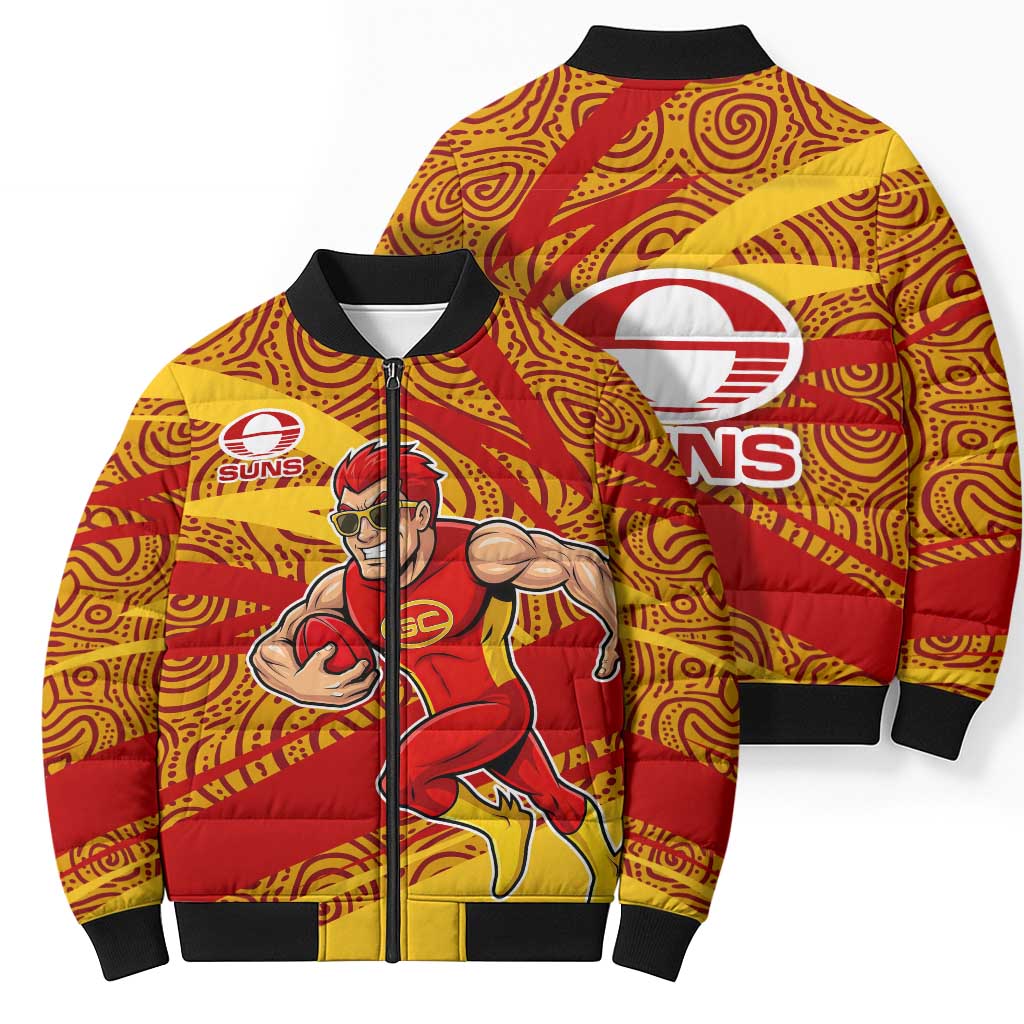 Gold Coast Suns Australian Football Bomber Puffer Jacket Sunny Hero Mascot With Indigenous Pattern Art