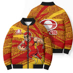 Gold Coast Suns Australian Football Bomber Puffer Jacket Sunny Hero Mascot With Indigenous Pattern Art