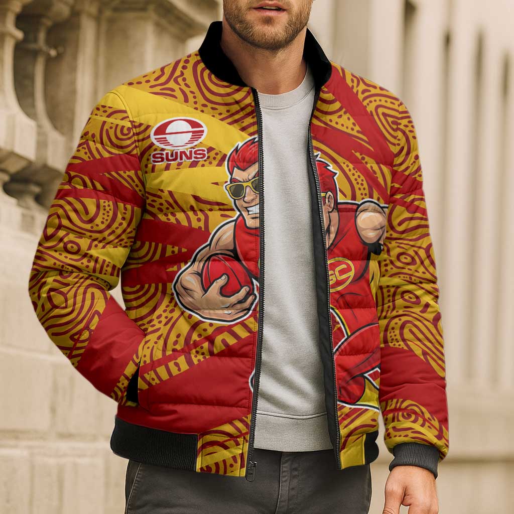 Gold Coast Suns Australian Football Bomber Puffer Jacket Sunny Hero Mascot With Indigenous Pattern Art