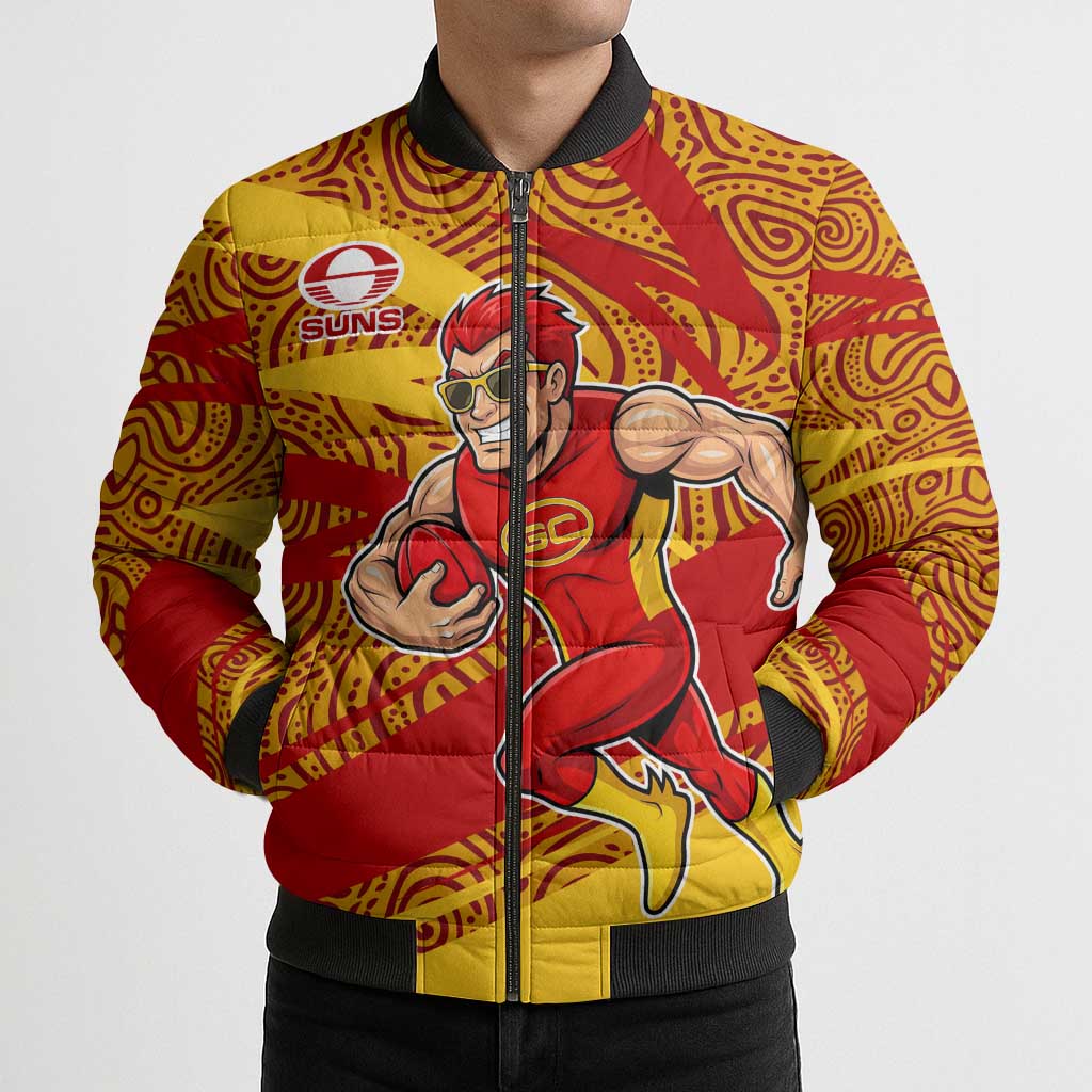 Gold Coast Suns Australian Football Bomber Puffer Jacket Sunny Hero Mascot With Indigenous Pattern Art