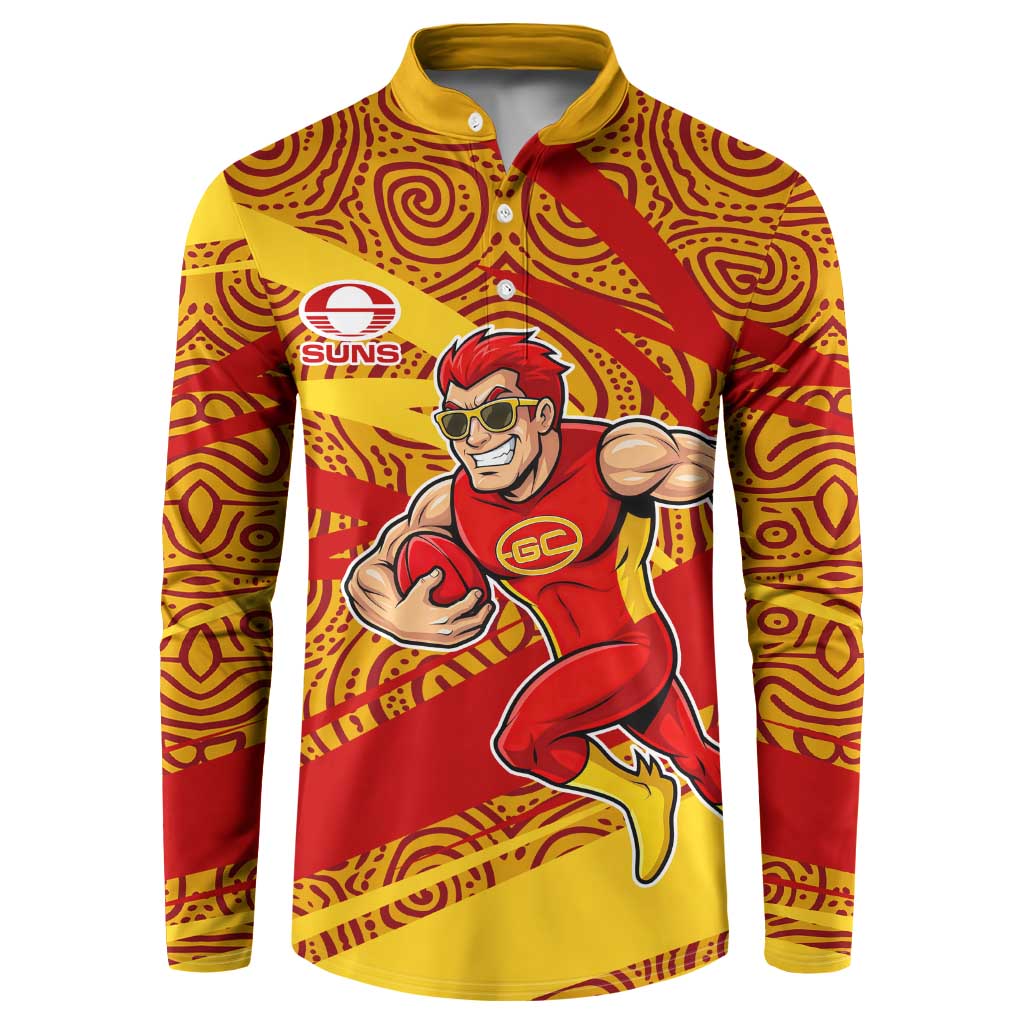 Gold Coast Suns Australian Football Button Sweatshirt Sunny Hero Mascot With Indigenous Pattern Art