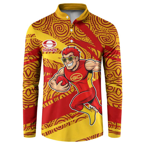 Gold Coast Suns Australian Football Button Sweatshirt Sunny Hero Mascot With Indigenous Pattern Art