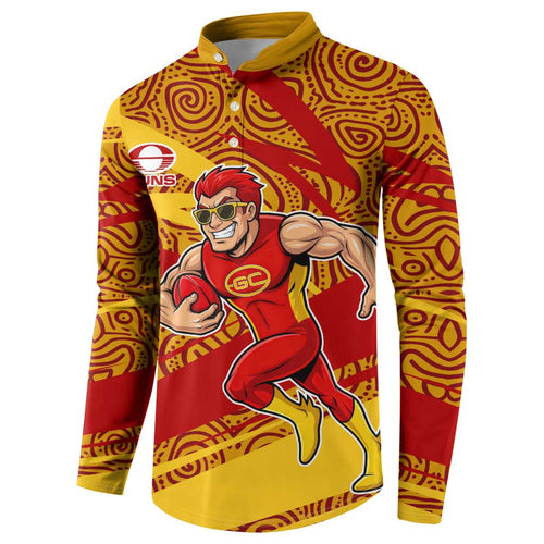Gold Coast Suns Australian Football Button Sweatshirt Sunny Hero Mascot With Indigenous Pattern Art