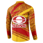 Gold Coast Suns Australian Football Button Sweatshirt Sunny Hero Mascot With Indigenous Pattern Art