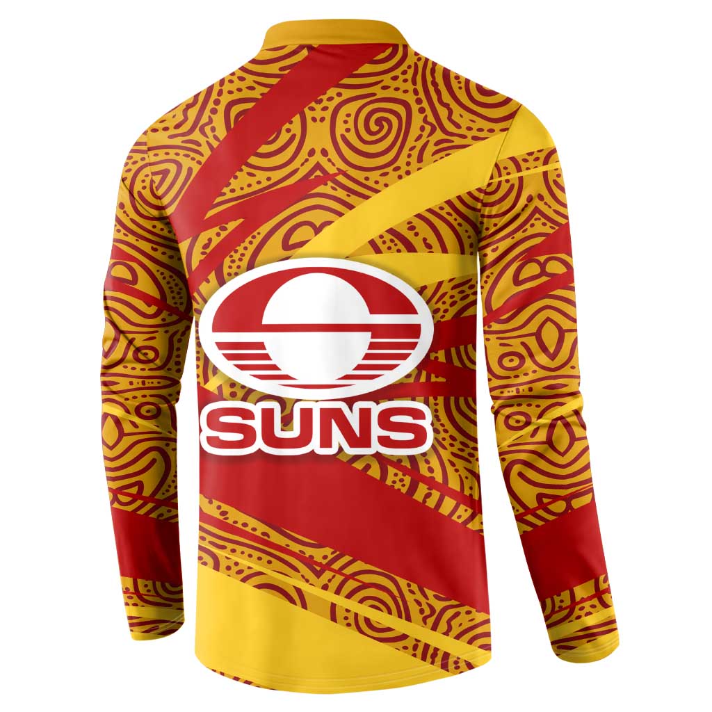 Gold Coast Suns Australian Football Button Sweatshirt Sunny Hero Mascot With Indigenous Pattern Art