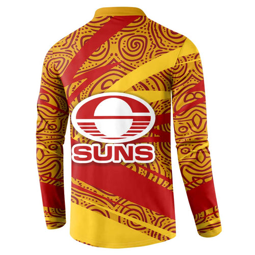 Gold Coast Suns Australian Football Button Sweatshirt Sunny Hero Mascot With Indigenous Pattern Art