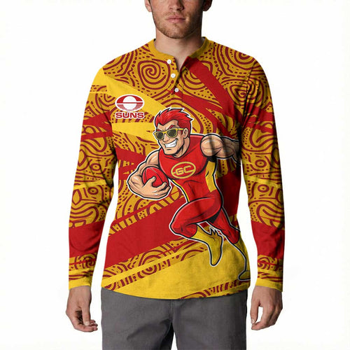 Gold Coast Suns Australian Football Button Sweatshirt Sunny Hero Mascot With Indigenous Pattern Art