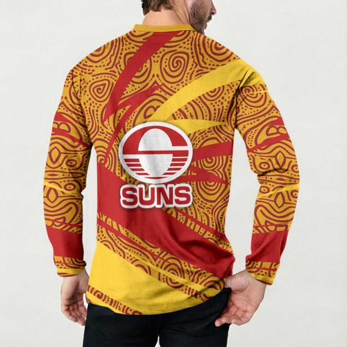 Gold Coast Suns Australian Football Button Sweatshirt Sunny Hero Mascot With Indigenous Pattern Art