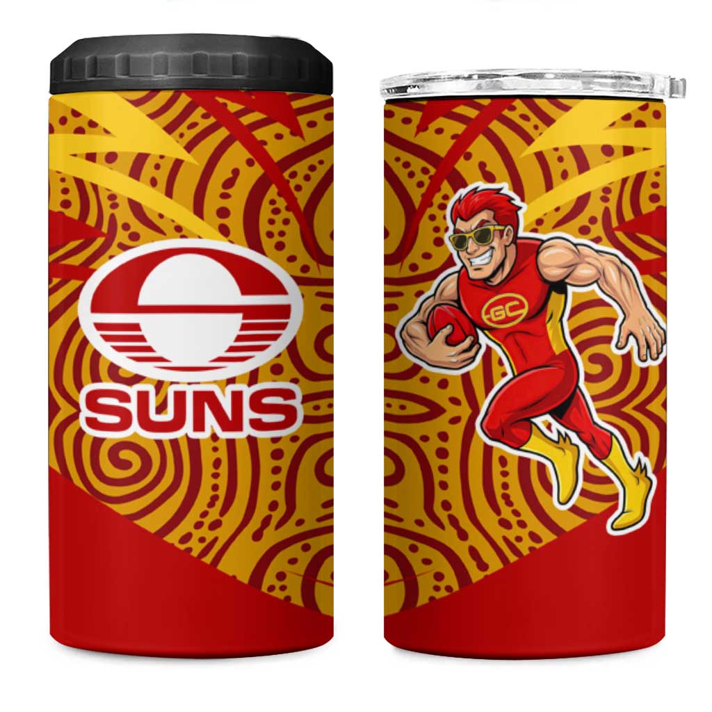 Gold Coast Suns Australian Football 4 in 1 Can Cooler Tumbler Sunny Hero Mascot With Indigenous Pattern Art