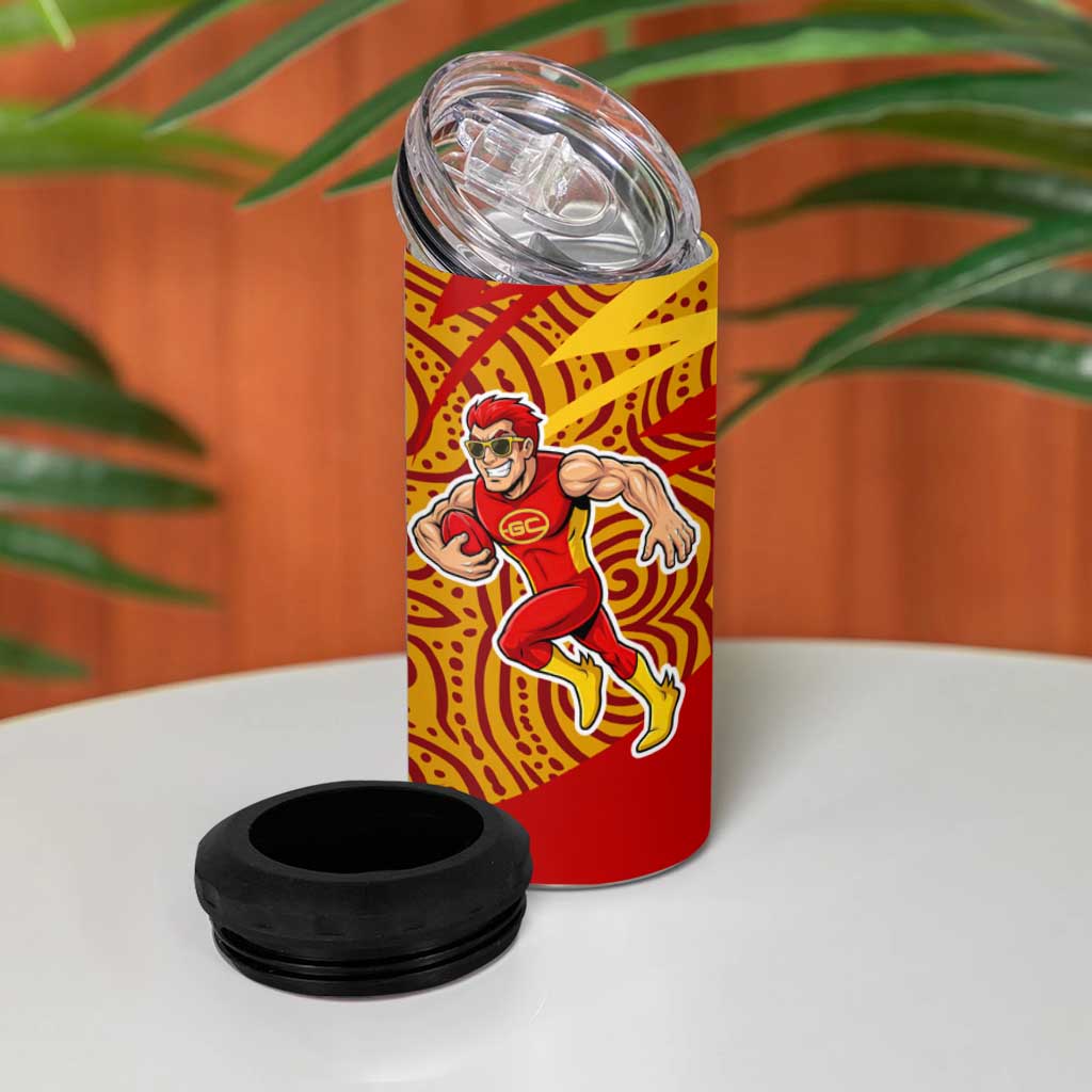 Gold Coast Suns Australian Football 4 in 1 Can Cooler Tumbler Sunny Hero Mascot With Indigenous Pattern Art