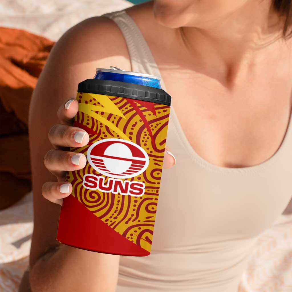 Gold Coast Suns Australian Football 4 in 1 Can Cooler Tumbler Sunny Hero Mascot With Indigenous Pattern Art