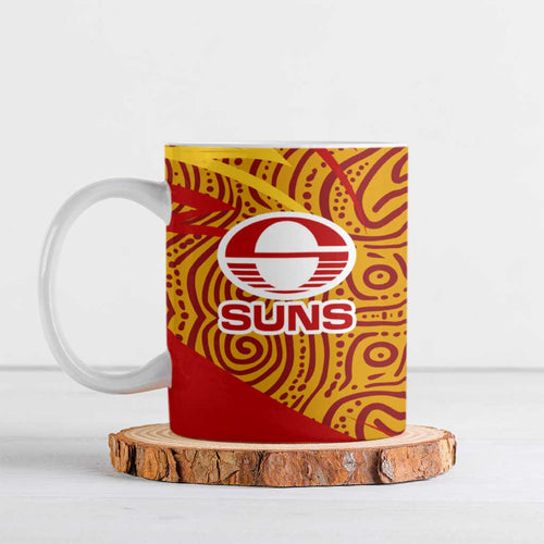 Gold Coast Suns Australian Football Ceramic Mug Sunny Hero Mascot With Indigenous Pattern Art