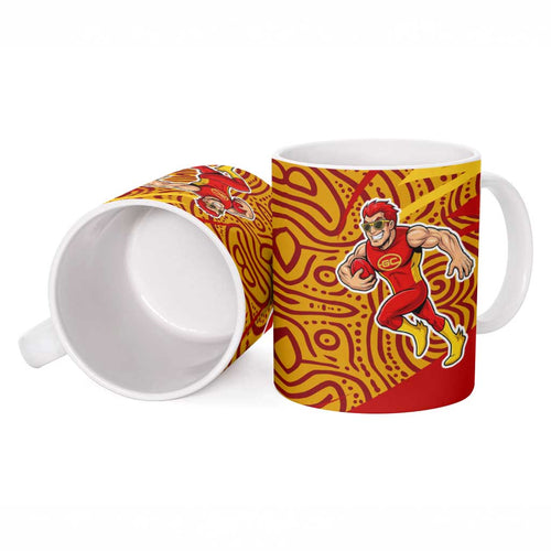 Gold Coast Suns Australian Football Ceramic Mug Sunny Hero Mascot With Indigenous Pattern Art
