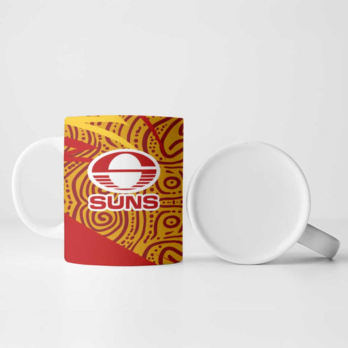 Gold Coast Suns Australian Football Ceramic Mug Sunny Hero Mascot With Indigenous Pattern Art