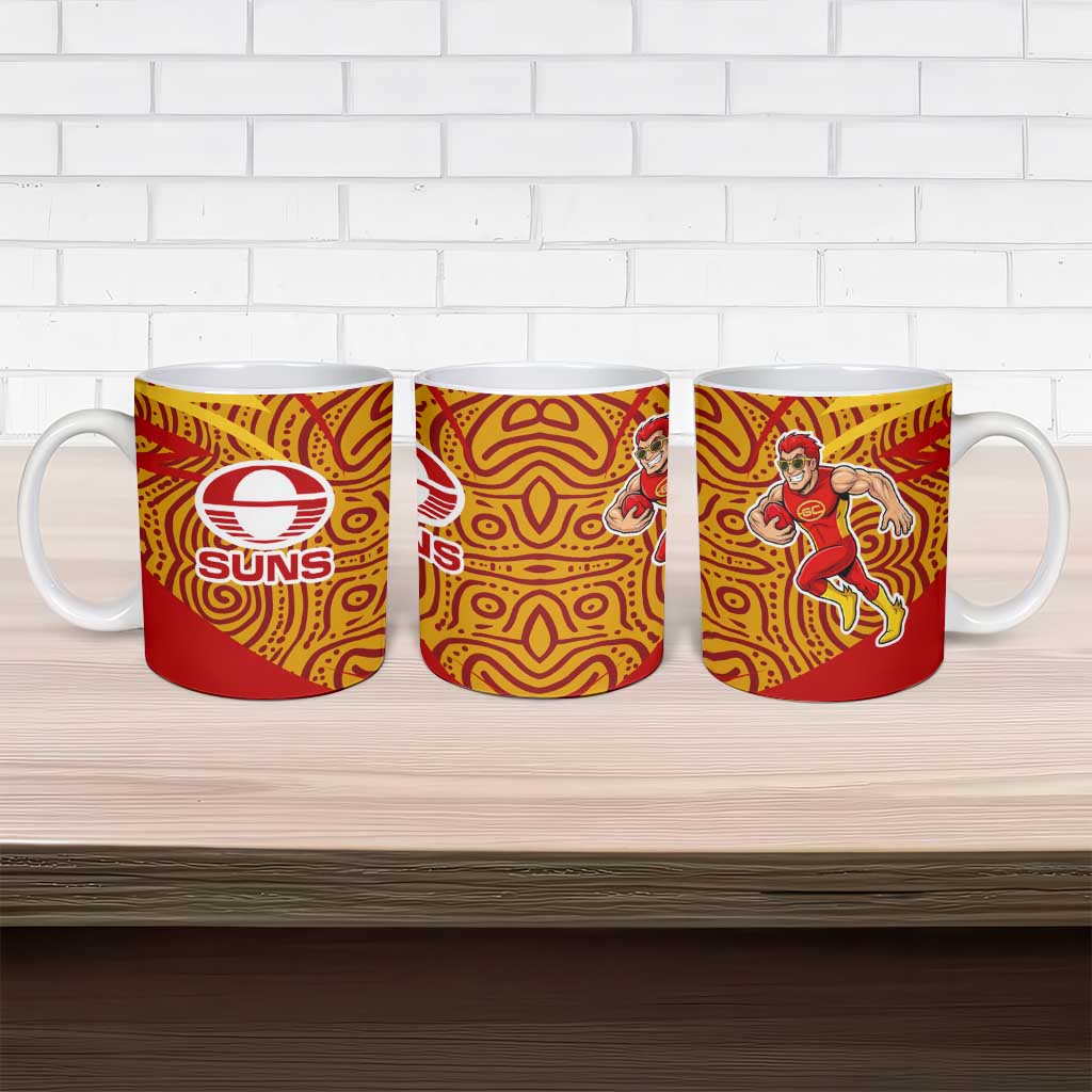 Gold Coast Suns Australian Football Ceramic Mug Sunny Hero Mascot With Indigenous Pattern Art