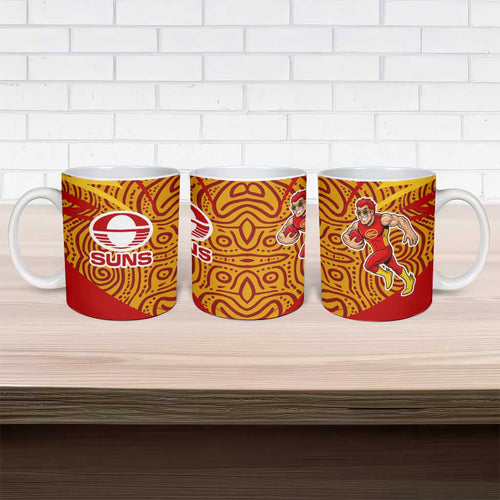 Gold Coast Suns Australian Football Ceramic Mug Sunny Hero Mascot With Indigenous Pattern Art