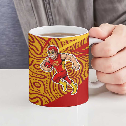 Gold Coast Suns Australian Football Ceramic Mug Sunny Hero Mascot With Indigenous Pattern Art