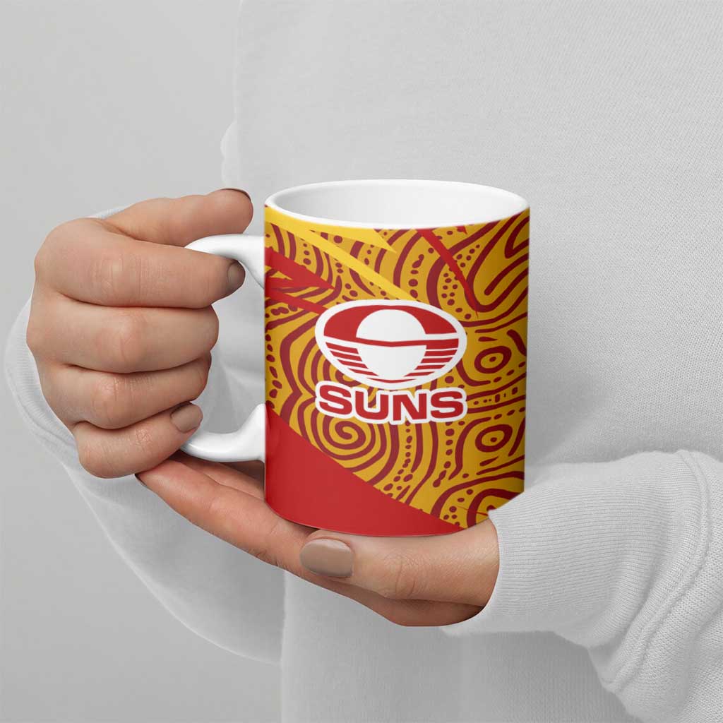 Gold Coast Suns Australian Football Ceramic Mug Sunny Hero Mascot With Indigenous Pattern Art