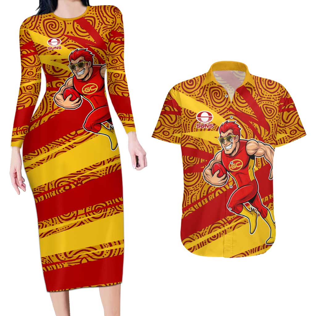 Gold Coast Suns Australian Football Couples Matching Long Sleeve Bodycon Dress and Hawaiian Shirt Sunny Hero Mascot With Indigenous Pattern Art
