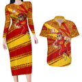 Gold Coast Suns Australian Football Couples Matching Long Sleeve Bodycon Dress and Hawaiian Shirt Sunny Hero Mascot With Indigenous Pattern Art