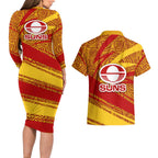 Gold Coast Suns Australian Football Couples Matching Long Sleeve Bodycon Dress and Hawaiian Shirt Sunny Hero Mascot With Indigenous Pattern Art
