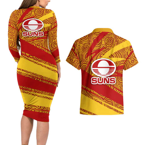 Gold Coast Suns Australian Football Couples Matching Long Sleeve Bodycon Dress and Hawaiian Shirt Sunny Hero Mascot With Indigenous Pattern Art