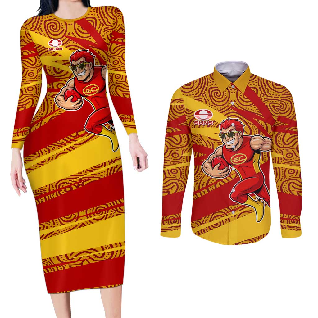 Gold Coast Suns Australian Football Couples Matching Long Sleeve Bodycon Dress and Long Sleeve Button Shirt Sunny Hero Mascot With Indigenous Pattern Art