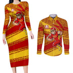 Gold Coast Suns Australian Football Couples Matching Long Sleeve Bodycon Dress and Long Sleeve Button Shirt Sunny Hero Mascot With Indigenous Pattern Art