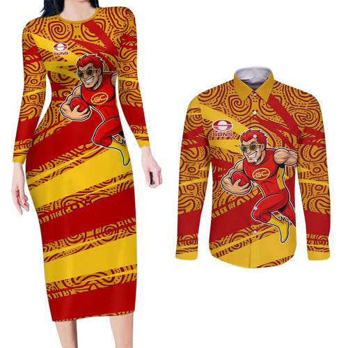 Gold Coast Suns Australian Football Couples Matching Long Sleeve Bodycon Dress and Long Sleeve Button Shirt Sunny Hero Mascot With Indigenous Pattern Art