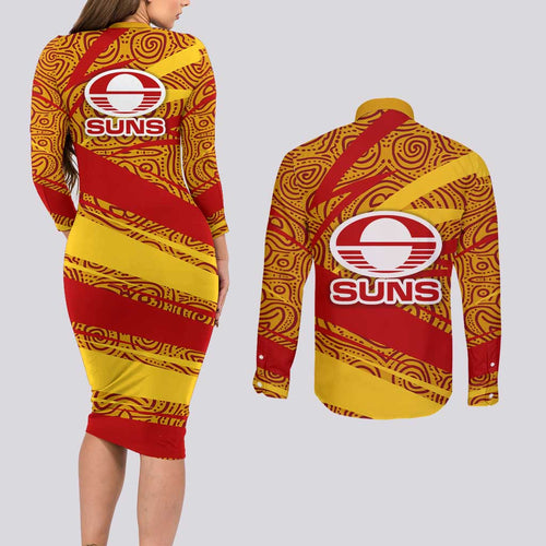 Gold Coast Suns Australian Football Couples Matching Long Sleeve Bodycon Dress and Long Sleeve Button Shirt Sunny Hero Mascot With Indigenous Pattern Art