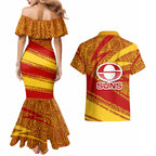 Gold Coast Suns Australian Football Couples Matching Mermaid Dress and Hawaiian Shirt Sunny Hero Mascot With Indigenous Pattern Art