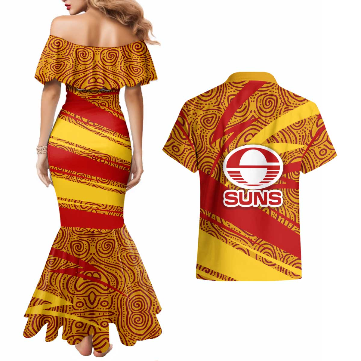 Gold Coast Suns Australian Football Couples Matching Mermaid Dress and Hawaiian Shirt Sunny Hero Mascot With Indigenous Pattern Art