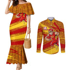 Gold Coast Suns Australian Football Couples Matching Mermaid Dress and Long Sleeve Button Shirt Sunny Hero Mascot With Indigenous Pattern Art