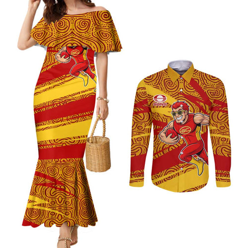 Gold Coast Suns Australian Football Couples Matching Mermaid Dress and Long Sleeve Button Shirt Sunny Hero Mascot With Indigenous Pattern Art