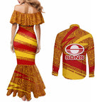 Gold Coast Suns Australian Football Couples Matching Mermaid Dress and Long Sleeve Button Shirt Sunny Hero Mascot With Indigenous Pattern Art