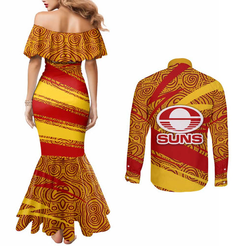 Gold Coast Suns Australian Football Couples Matching Mermaid Dress and Long Sleeve Button Shirt Sunny Hero Mascot With Indigenous Pattern Art
