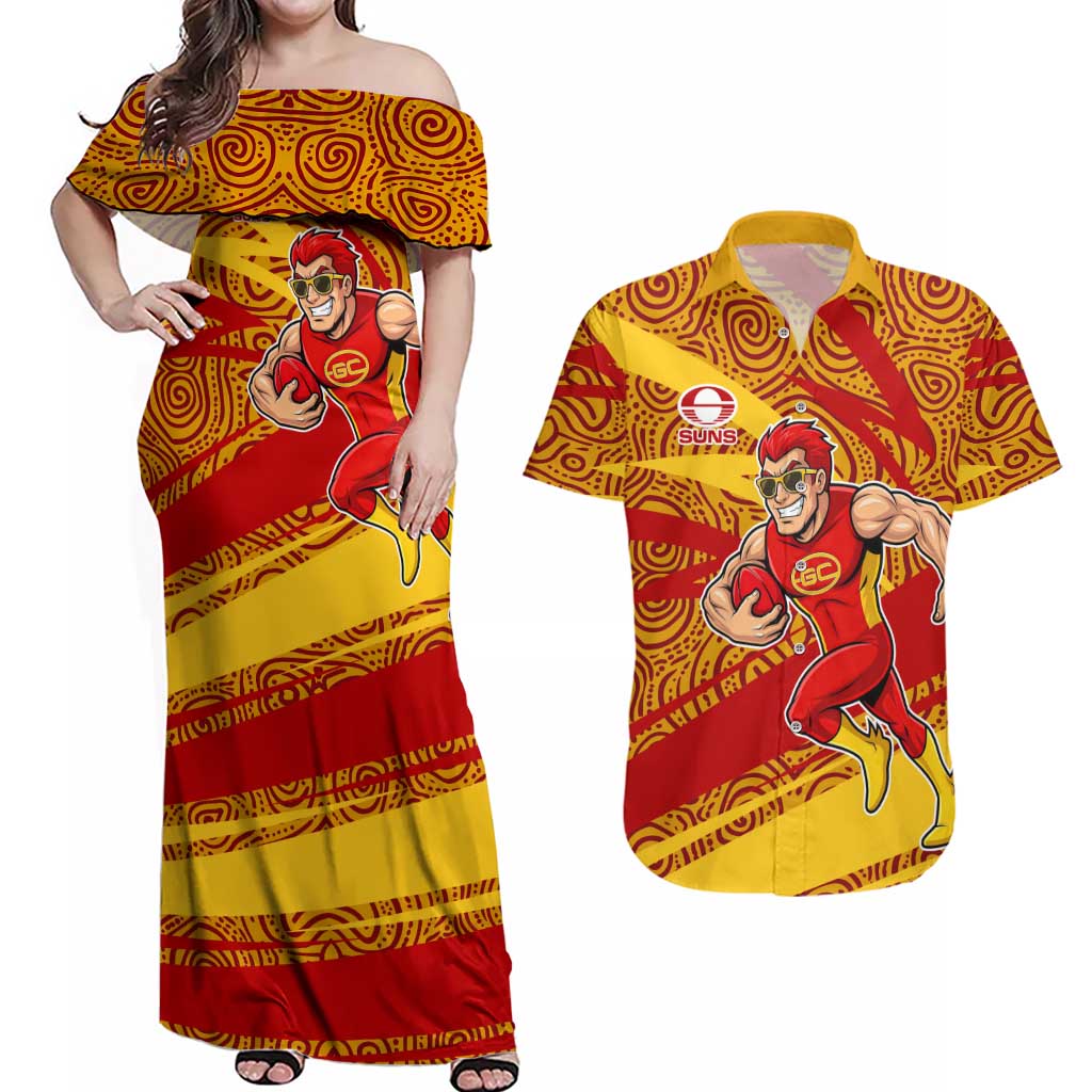 Gold Coast Suns Australian Football Couples Matching Off Shoulder Maxi Dress and Hawaiian Shirt Sunny Hero Mascot With Indigenous Pattern Art