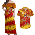 Gold Coast Suns Australian Football Couples Matching Off Shoulder Maxi Dress and Hawaiian Shirt Sunny Hero Mascot With Indigenous Pattern Art
