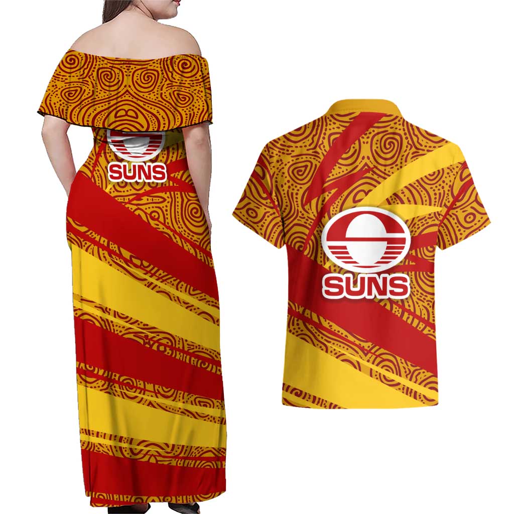 Gold Coast Suns Australian Football Couples Matching Off Shoulder Maxi Dress and Hawaiian Shirt Sunny Hero Mascot With Indigenous Pattern Art