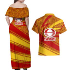 Gold Coast Suns Australian Football Couples Matching Off Shoulder Maxi Dress and Hawaiian Shirt Sunny Hero Mascot With Indigenous Pattern Art