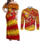 Gold Coast Suns Australian Football Couples Matching Off Shoulder Maxi Dress and Long Sleeve Button Shirt Sunny Hero Mascot With Indigenous Pattern Art