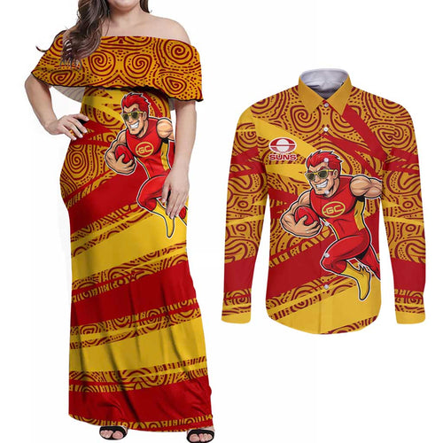 Gold Coast Suns Australian Football Couples Matching Off Shoulder Maxi Dress and Long Sleeve Button Shirt Sunny Hero Mascot With Indigenous Pattern Art